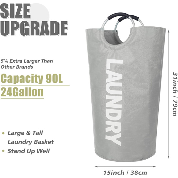 Laundry basket with padded handles, waterproof laundry hamper foldable, laundry basket for bathroom, laundry, student accommodation light grey