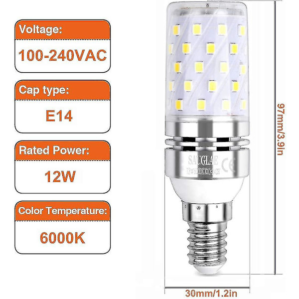 Led Majslampa 12w, 100w Ekvivalent Glödlampor, E14, 6000k Kallt Vitt, 1200lm, 4-Pack