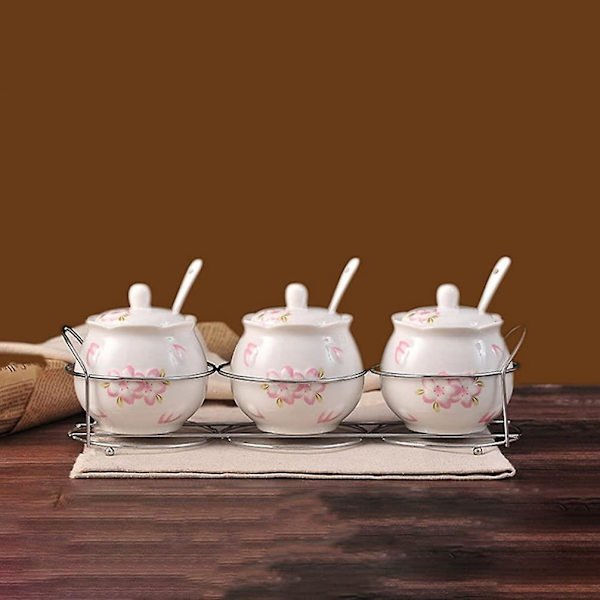 Keramisk sukkerskål med låg og skeer, porcelænsbeholdere til krydderier, saltbeholder