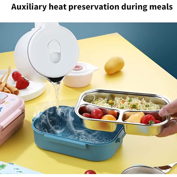 Metall lunchlåda med 3 fack, läckagesäker bärbar Bento-låda med soppskål (blå)