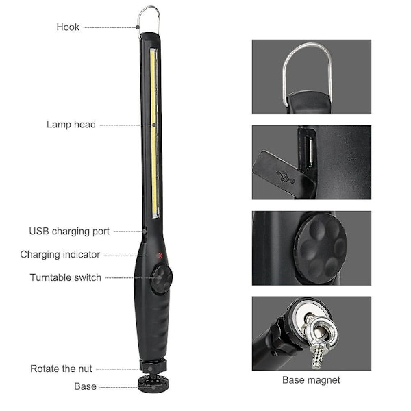 Genopladelig COB LED Slim arbejdslampe lommelygte med USB-kabel