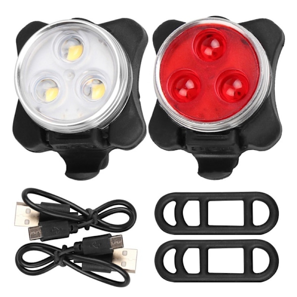 Superlysende vanntett front- og baklyktsett for sykkel - 4 lysmoduser - (2 svarte LED-lys, 2 USB, 2 stropper)