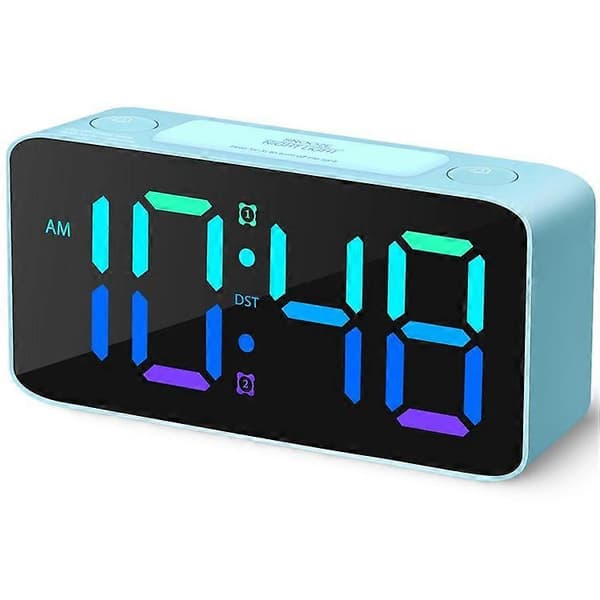 Digital väckarklocka med extra högt dubbellarm RGB-display nattlampa för djupsövare sovrum ljusblå LightBlue
