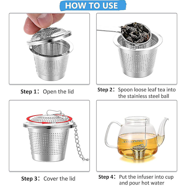 Pieces Te-infuser til løs te Rustfrit stål Te-filter med kæde Te-infuser Te-kugle til tekande & krydderier