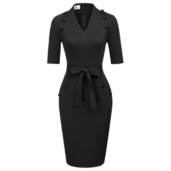 Kortärmad Bodycon-klänning för kvinnor med bälte Business Cocktail Funeral Pencil-klänning med fäste black L