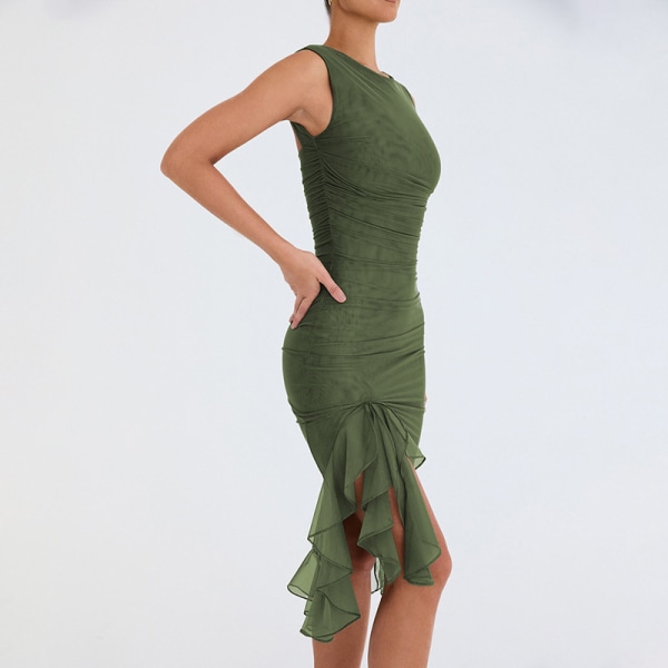2023 vår och sommar ny crewneck ärmlös klänning kvinnligt mode säljer sexigt livstycke grimma vik MIDI-kjol brown XS