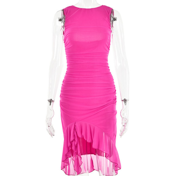 2023 vår och sommar ny crewneck ärmlös klänning kvinnligt mode säljer sexigt livstycke grimma vik MIDI-kjol Rose red XS