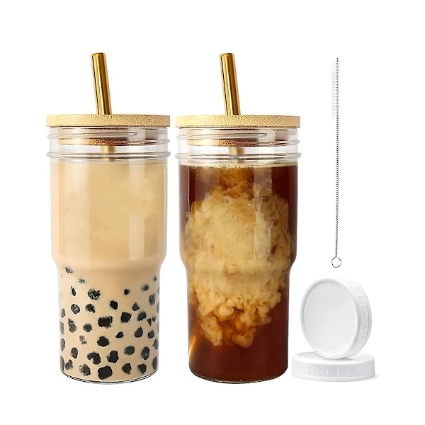 Glass med lokk og sugerør, 4-delt, 24-ounce reiseskål, bred munn, 4-delt, 24-ounce reise