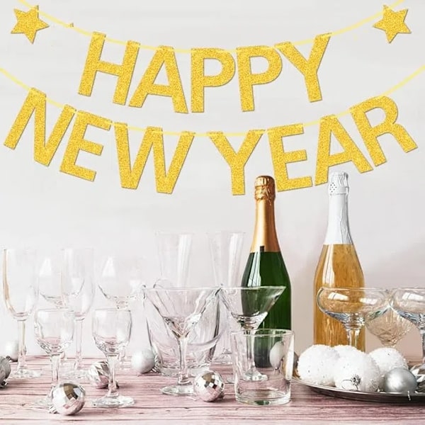 Guld Happy New Year Banner til Hjemmets Pejsdekorationer, 2025 Happy New Year Temafest