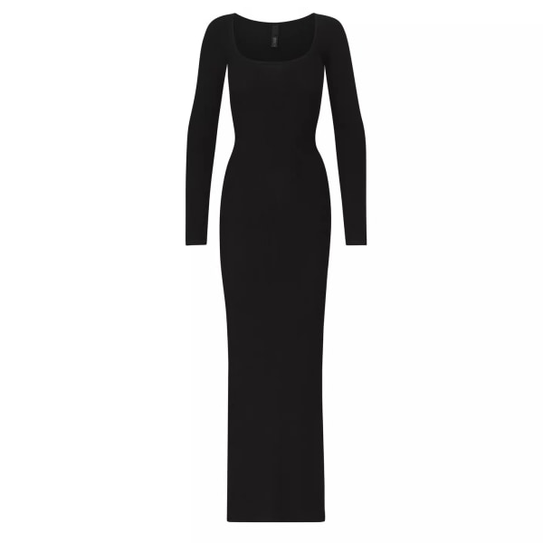Lång maxiklänning för kvinnor med fyrkantig hals Långärmad Ribbade Bodycon Loungeklänningar svart L