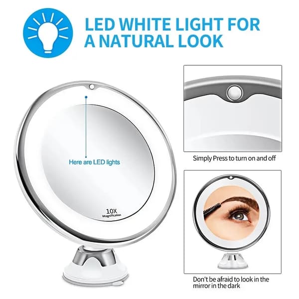 Makeup Mirror with Suction Cup, LED Light and 10x Magnification