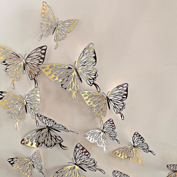 12pcs 3d Metal Texture Stereo Hollow Butterfly Wall Stickers Hb010 Gold Zs-yxt1272