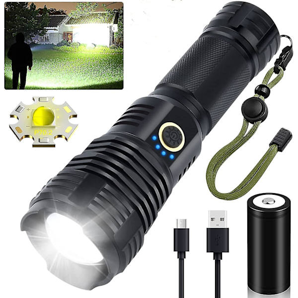 Led ficklampor uppladdningsbara höga lumen, 90000 lumen superljusa taktiska ficklampor, Xhp70.2 zoombar vattentät ficklampa 5 lägen för camping