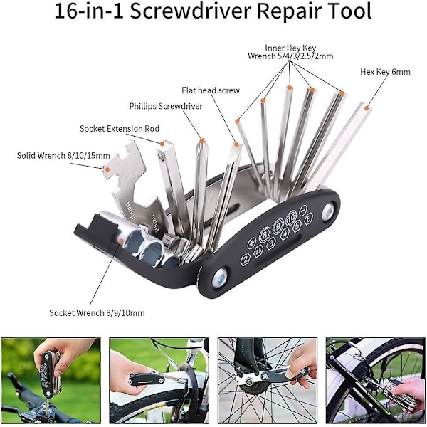 Cykelreparationsverktygssats med minicykelpump, multiverktyg, däckväxlare, självhäftande lappar och cykelväska
