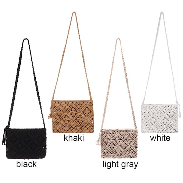 Handvävd Crossbody-väska i halm för kvinnor, bohemisk strandväska med axelrem, tofsar och dragkedja light gray