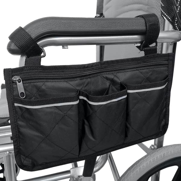 Rullstolssidoförvaringsväska med blixtlåsficka och reflexband för rullstolar, elrullstolar, barnvagnar, svart