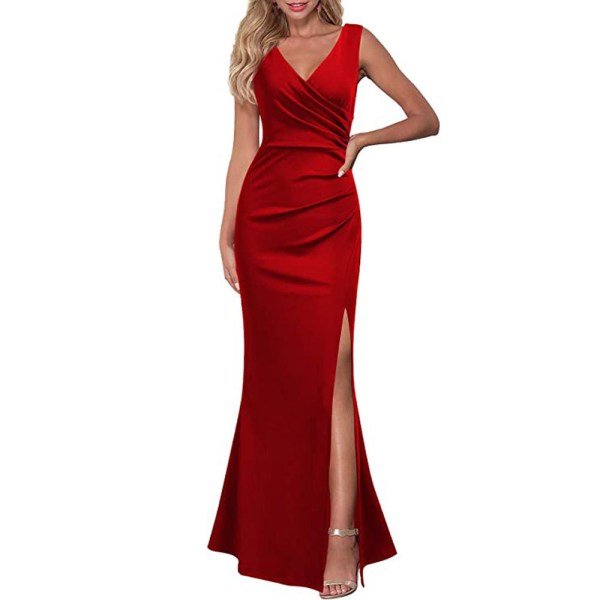 Kvinnor ärmlös V-hals delad kvällscocktail lång klänning red 4XL
