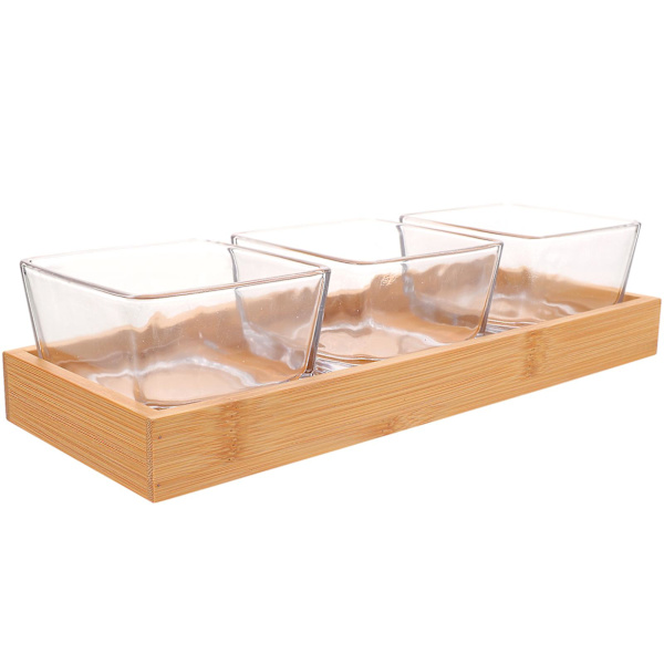 1 set serveringsfat i glas, snacks-tallrik, matskålar med serveringsbricka i bambu