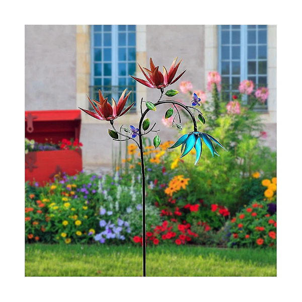 Vindspinner, vindspinnere for hage og hage i metall med 3 snurrende blomster og sommerfugler
