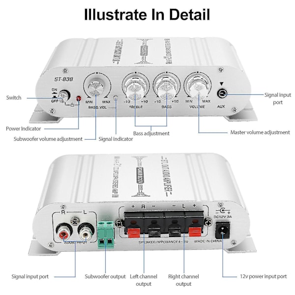 12v 400 Watt Bilstereo Forsterker 2.1kanals Hifi Høyttaler Strømforsterker System Utendørs