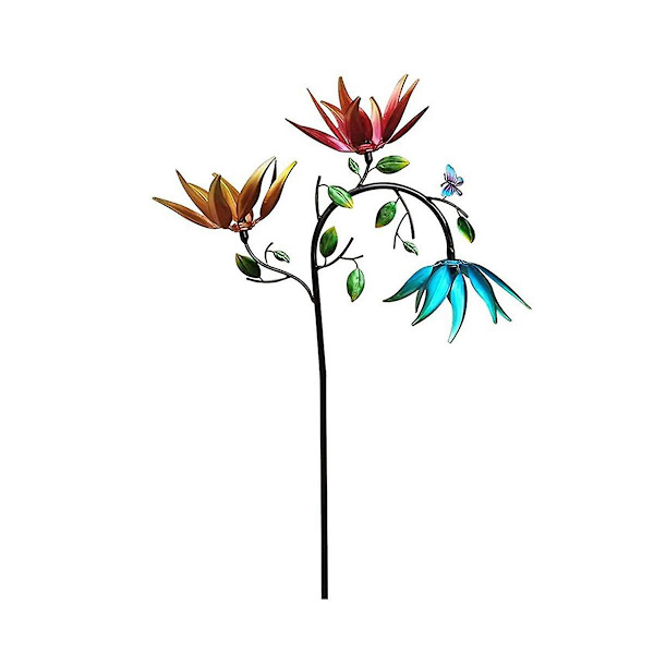 Vindspinner, vindspinnere for hage og hage i metall med 3 snurrende blomster og sommerfugler