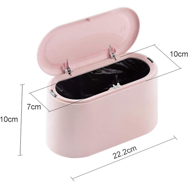 Liten (rosa) papperskorg med tryckknappslock för kontor, badrum, kök och sovrum, förvaring av djurfoder