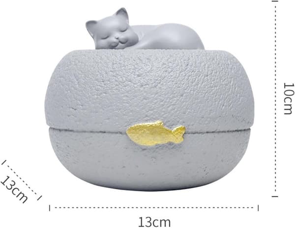 Sovende kat kæledyrsurne til aske, mindeboks til kat i harpiks med guldfisk-detalje, kæledyrsurne til katteelskere, grå