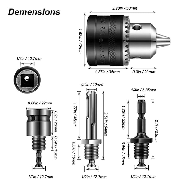 1,5-13 mm Konverter 1/2 tum-20unf Nyckel Borrchuck Trådadapter Sds 1/4 tum Hex Drivnyckel Borr
