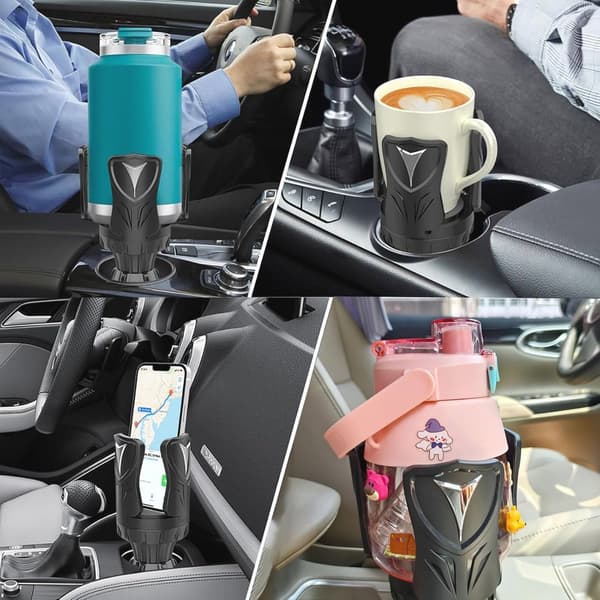 Justerbar mugghållare för bil, passar 10-46 oz flaskor, 3-punkts stabilt grepp med silikonvaddering, vridlåsbas som passar de flesta fordon, svart