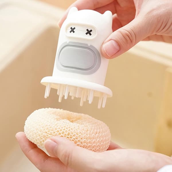 Diskborste med tvåldispenser, kattformad skursvamp för diskbänken, repfri diskborste för kastruller och pannor, vit