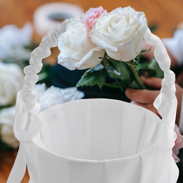 3x Romantisk Hvid Satin Sløjfe Perle Blomst Pige Kurv Bryllup Ceremoni Fest