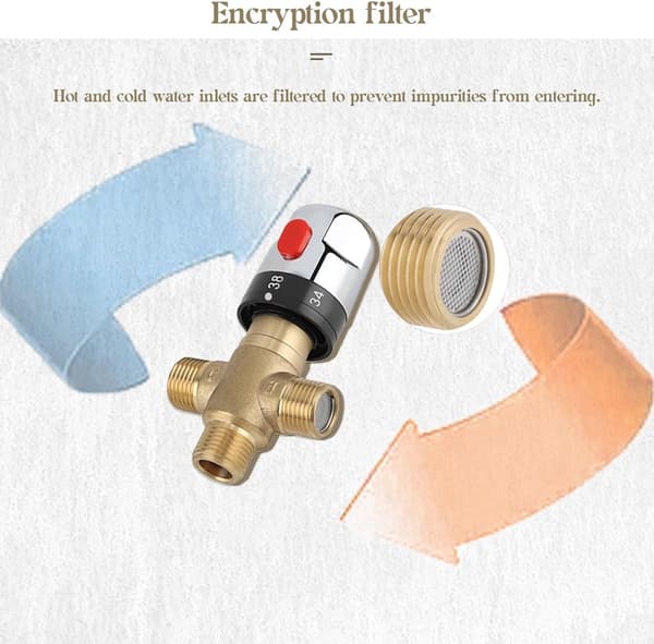 Termostatisk blandeventil, solid messing 3-veis G1/2 DN15, presis temperaturkontroll for baderom, toalett, dusj, vask og bidet