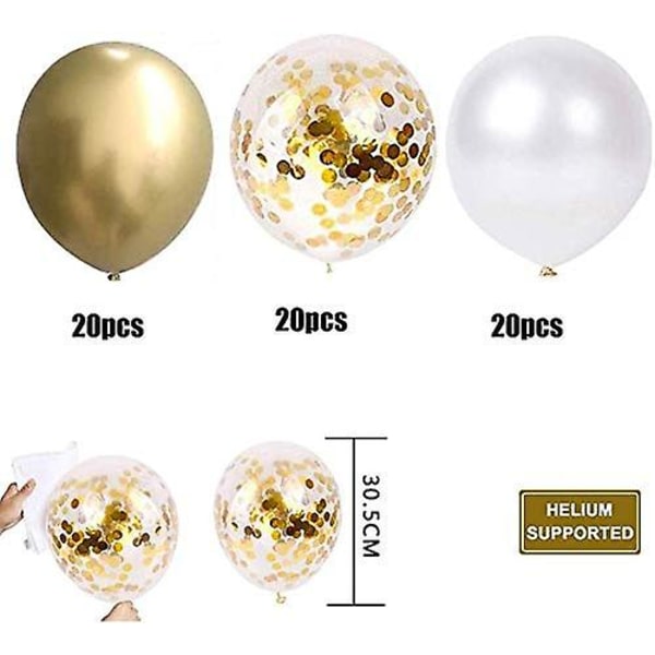 Gull bursdagsbong, 60 stykker gullkonfetti heliumballonger, hvit gullballong, metallisk ballong