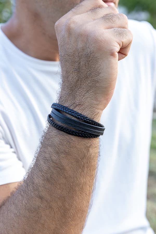 Flettet læderarmbånd til mænd, ægte sort læder, magnetisk lås i rustfrit stål, justerbart, gave til far, mand, bedstefar