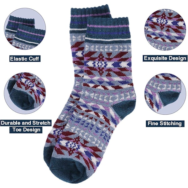 Retro-stil snöflingemönster 5 par varma stickade damstrumpor