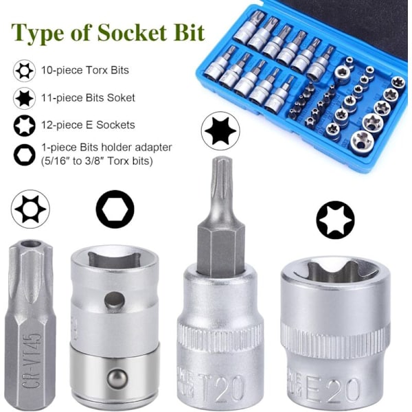 34 stk. Torx bitsæt, Star Torx bit T10-T55, Star Torx bit, Torx bitsæt T10-T60, E bitsæt E4-E20, Indvendig og udvendig Torx, Torx bitsæt