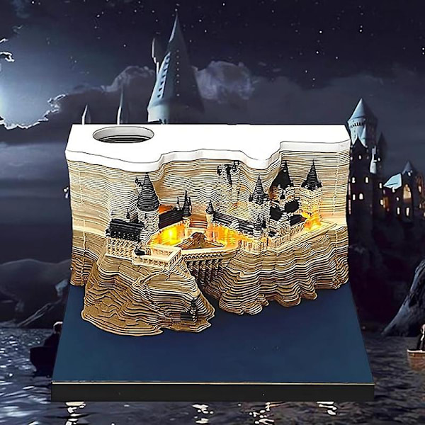 2024 Skrivbords kalender med LED-lampor, pappersutskärning 3D slott kalender anteckningsblock, riv-anteckningsblock, papper