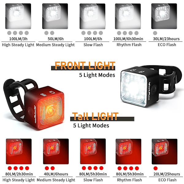 Sykkellys, oppladbar sykkellys foran og bak, 5 lysstyrkemoduser, bremsevarselutheving i 3 sekunder, Ip66 vanntett terrengsykkellys