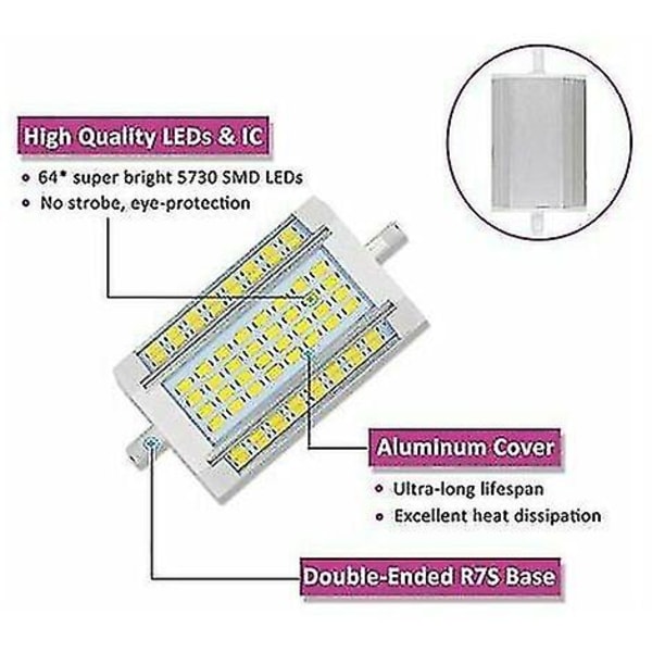 R7s LED 118mm 30w dimbar glödlampa, 3200lm, kall vit 6000k, 200 graders ljusstyrka, R7s 118mm dimbar LED-lampa för vägg-/golvlampa/strålkastare