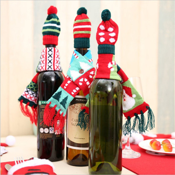 Mini Stickad Mössa Mini Julhalsduk Set Mini Tomtemössor för Hantverk Mini Juldekorationer för DIY Vinflaskkork (3-pack)