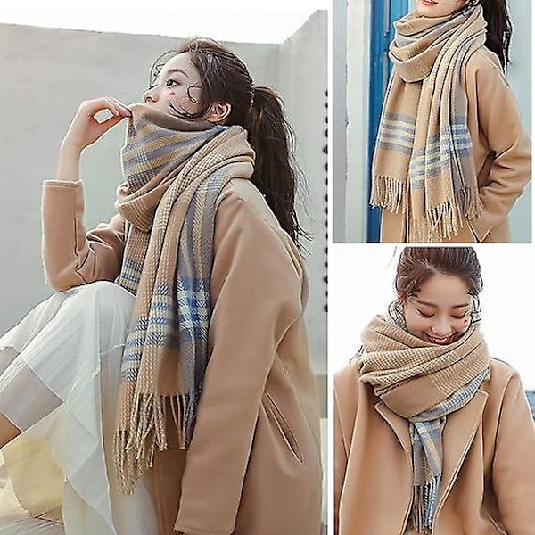 Dam Klassisk Tassel Rutig Halsduk Varm Mjuk Chunky Stor Filt Wrap Sjal Halsdukar (Kamel)