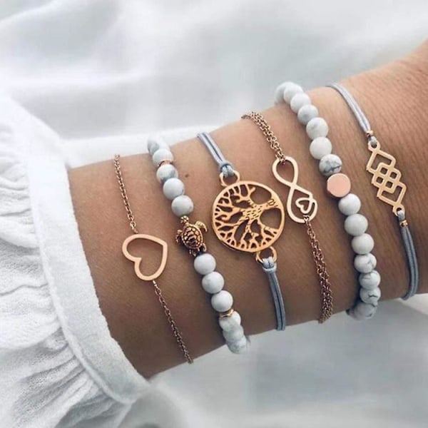 Boho flerskiktade armband sköldpaddsarmring set med marmorstenspärlor justerbar guldträd handkedja handgjorda accessoarer smycken för kvinnor och flickor 6
