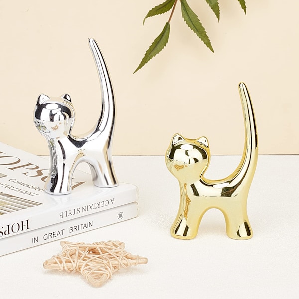 Silver & Gold Ringhållare 2 st Porslin Katt Hem Display Dekorationer för Smyckesdisplay Perfekta Födelsedag Bröllop Festivalgåvor