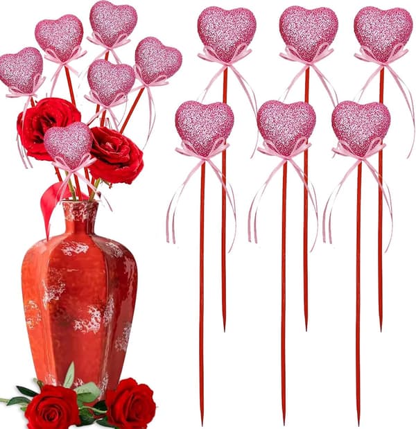18-pak glitter skumhjertepinde med sløjfer, til Valentinsdag, bryllupper, buketter og kagepynt, pink, 22 x 4 cm