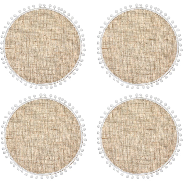38 cm, 4 kpl:n juuttipöytätabletit koristeellisilla valkoisilla pompomeilla