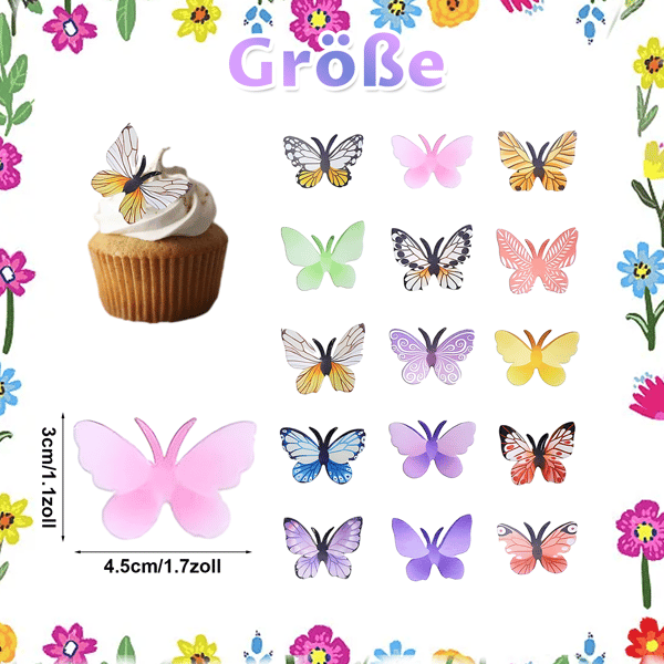 Fjärilsfest Kakepynt, 72 stk Spiselige Sommerfugler Kakepynt, Spiselig Papir Sommerfugl Cupcake Pynt, for Bryllup, Bursdag