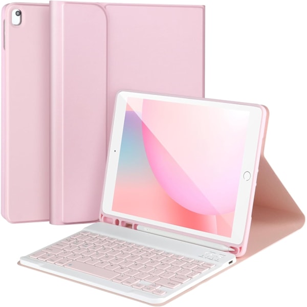 Tangentbordsfodral för iPad 10.2/Pro10.5/air3, iPad-fodral med tangentbord, Avtagbart Bluetooth-tangentbord, med pennhållare, Rosa
