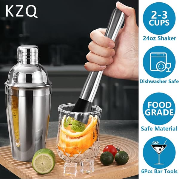 Cocktailshaker-set 6 delar, 24 oz (710 ml) 304 rostfritt stål bartender-kit med receptguide, läckagesäker, silver, för hemmabar & fester