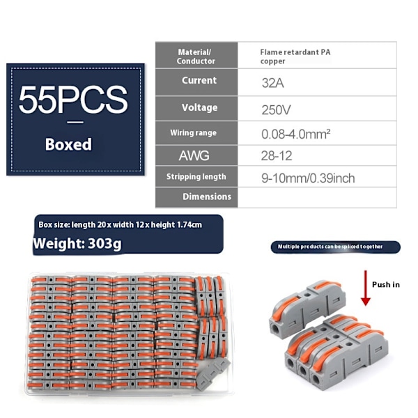 55 stk. grå oransje spak-ledningskontakter, trykk inn hurtige ledningskontakter, kompakt skjøteledningskontakt for ledninger 28-12 AWG