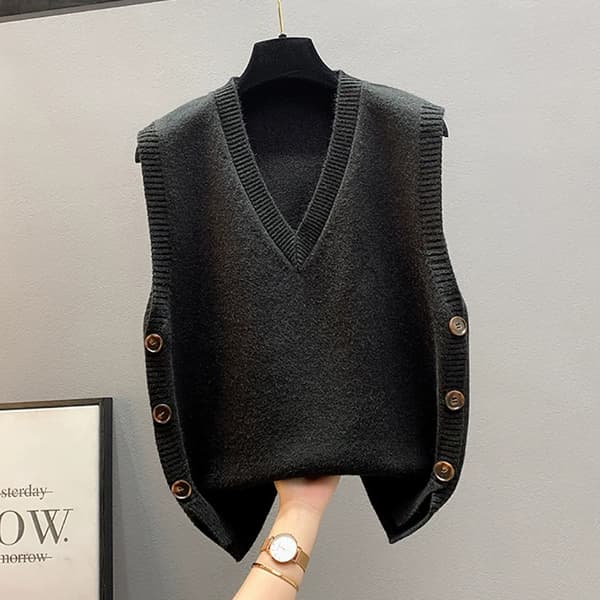 Dam Tröjväst V-ringad Ärmlös Pullover Tröja Stickad Västsida Knapp Asymmetrisk Ribbad Tanktopp